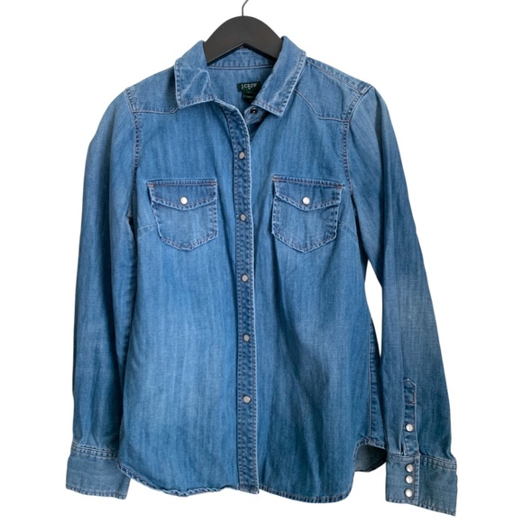 JCrew Women's Denim Shirt Sz Small Pearl Snap Button Long Sleeve J. Crew Jean - Picture 3 of 6